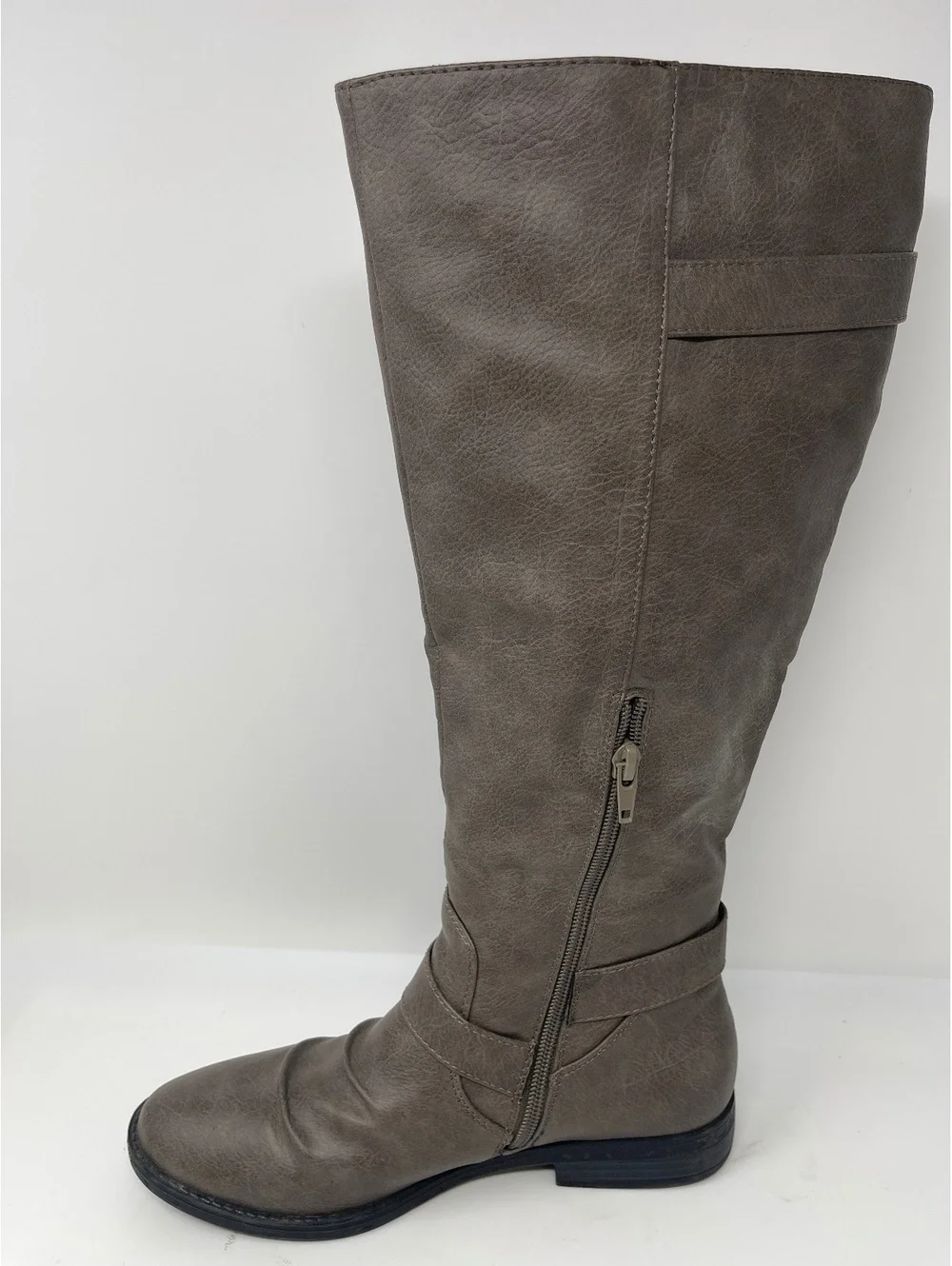 Women's Knee High Riding Boots Grey Faux Leather Buckle Slouch Flat Zip Size